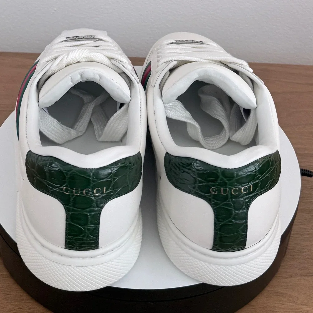 Gucci Ace White Leather Web Stripe Sneakers Green Croc Heel 791394 Mens UK 9